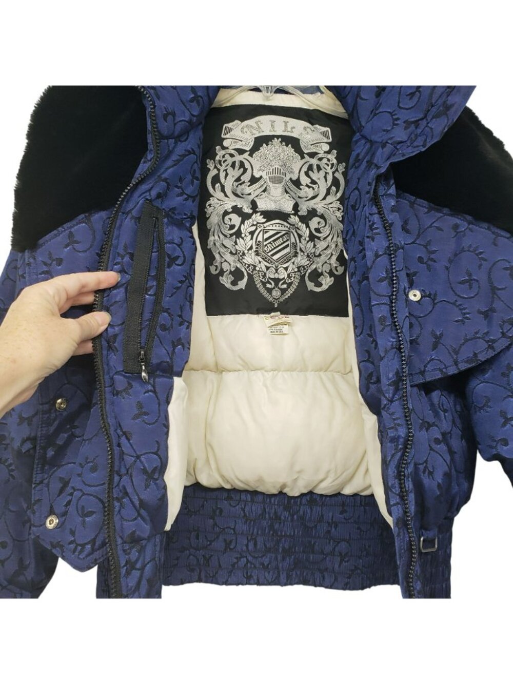 Vintage Nils Down Fill Ski Jacket Winter Coat Fur Trim Blue Jacquard Print Retro - Picture 11 of 16